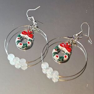 Festive Snow Covered Wreath Hoop Earrings with Red Bows